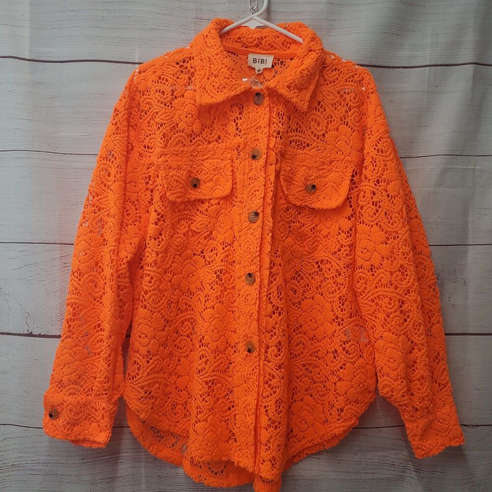 NEW BiBi Neon Orange Floral Lace Crochet Shacket Top Medium Long Sleeve Cut-out